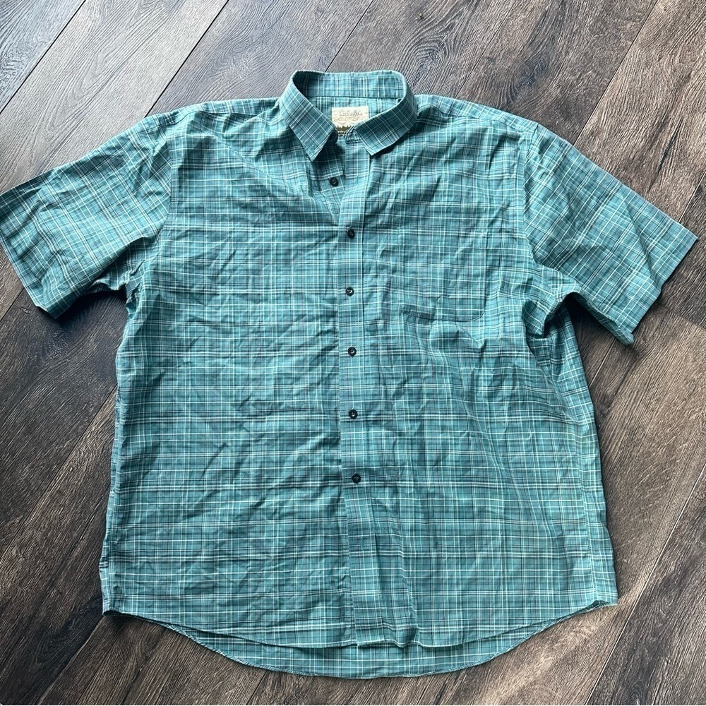 Cabela’s 2XL tall men’s button down short sleeve cotton plaid shirt green blue